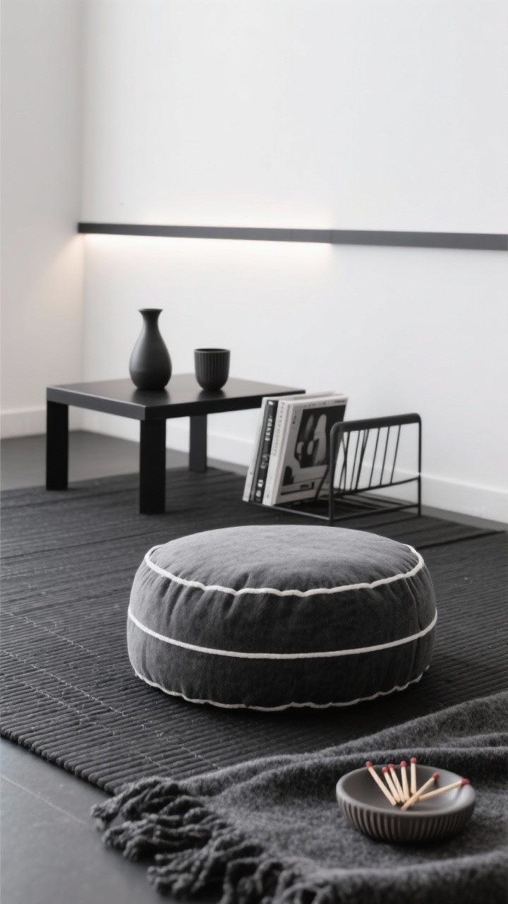 Detail closeup, Minimalist Monochrome Loft: focus on a graphite cylindrical meditation cushion with crisp white contrast piping resting on a charcoal tatami-style mat; behind it, a bright white wall with a single charcoal accent stripe framing the zone; a matte black low side table with a matte ceramic carafe and cup; slim magazine rack with design books barely visible; textures emphasized—felted wool throw edge and ribbed stoneware tray for matches; narrow LED wall washer creating a gallery-like glow; negative space heavy, monochrome palette; photorealistic, low-angle close crop.