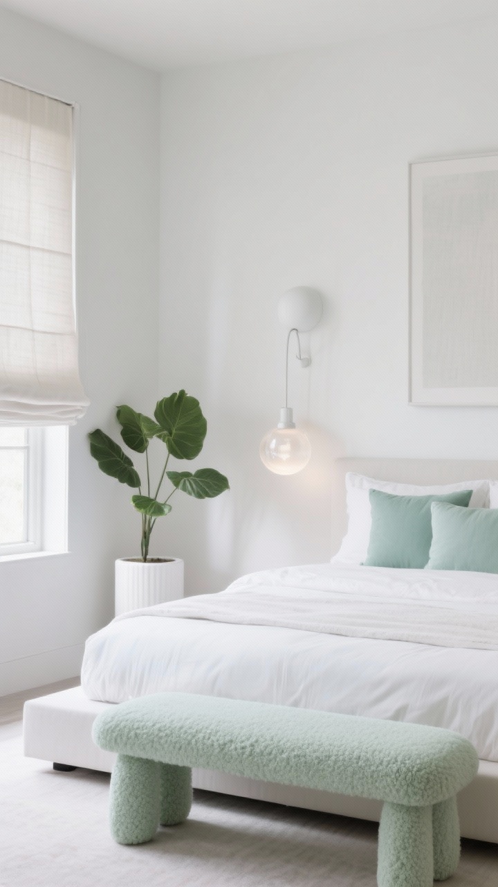 Detail closeup: Minimalist spa-serene vignette with a low-profile platform bed dressed in layered white percale, mint accent pillows, and a narrow pale green boucle bench at the foot; matte white sculptural wall sconce and a frosted glass globe pendant softly glowing; a single oversized leafy plant in a white cylinder planter nearby; minimal art and linen Roman shade partially lowered; clean lines, soft shadows, and a calming white, mint, and soft gray palette.