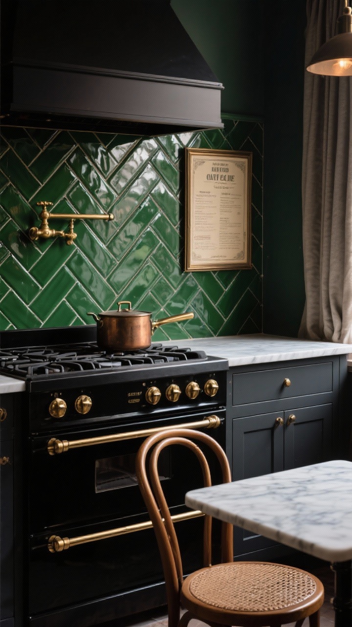 Detail closeup: Moody bistro scene focusing on glossy emerald-green subway tiles laid in a herringbone pattern rising behind a sleek black range; aged brass pulls on charcoal lower cabinets; vintage-style aged brass pot filler extended above the range; a small marble-topped bistro table edge with bentwood chair and cane seat just entering frame; framed vintage menu and café curtain hint in background; low, intimate lighting with soft reflections on the tile; photorealistic, tight composition.
