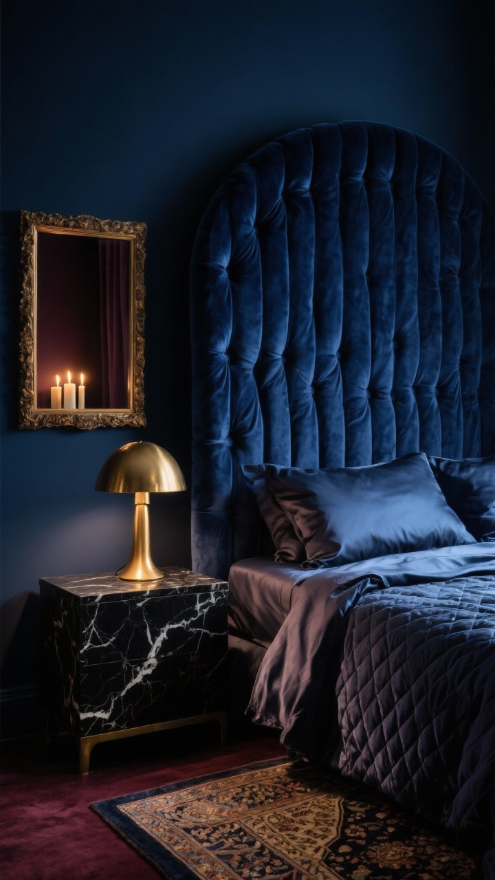 Detail closeup, Moody Luxe Cocoon: dramatic vignette of a tall channel-tufted velvet headboard (deep inky blue) against inky blue or merlot walls; corner of the bed dressed in silky sateen sheets with a velvet quilt puddling luxuriously over the edge; a brass mushroom lamp glowing warmly atop a black marble nightstand; a framed mirror behind catching a glint of candlelight; a hint of Persian-style rug pattern at the bottom edge; textures of velvet, sateen, marble, and aged brass; moody, low evening lighting; photorealistic, shallow depth of field to emphasize plush texture.