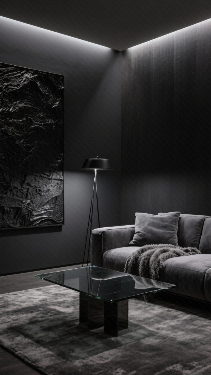 Detail closeup, Moody Minimalist Luxe textures and materials: deep charcoal wall backdrop with hidden LED cove lighting casting a soft glow; edge of a low-profile graphite modular sofa with suede cushions and a mohair throw; smoked glass coffee table surface reflecting a blackened steel floor lamp; corner of a single oversized monochrome, heavily textured canvas; dense slate rug visible below; restrained, gallery-at-night mood, photorealistic.