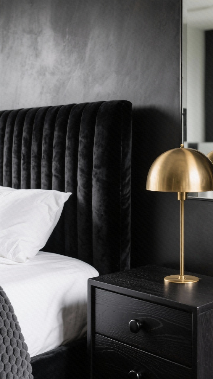 Detail closeup, Moody Monochrome Noir: A tight shot of a black velvet upholstered headboard beside a ribbed black wood nightstand with matte black hardware. Crisp white sheets meet a graphite waffle blanket, showing rich texture contrast. A brass dome lamp casts warm burnished highlights, with a hint of charcoal wall and a smoky mirror edge blurred in the background. Palette: black, charcoal, ivory, burnished brass. Low, moody lighting for dramatic contrast. Photorealistic.