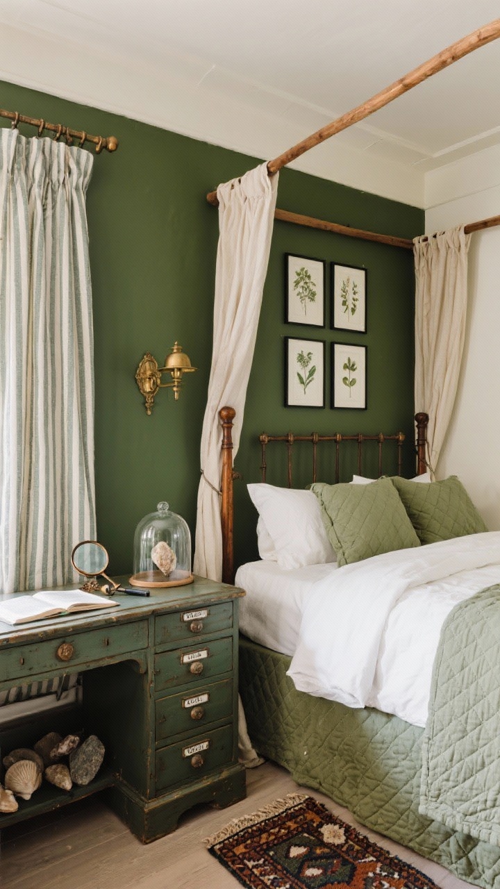 Detail closeup, nature-study nook: deep olive accent wall transitions to cream surrounding walls. Canopy-style wood bed with slender posts and linen drapes in soft light. Sage quilted bedding and cream sheets. Antique brass sconce on the olive wall and a set of botanical prints in thin black frames. A corner of a vintage writing desk with small drawers, a magnifying glass, and field guides. Ticking stripe curtain fabric and a kilim runner edge visible. Apothecary-style cabinet drawers labeled for rocks and shells, with a glass cloche showcasing a specimen. Calm, scholarly ambiance.