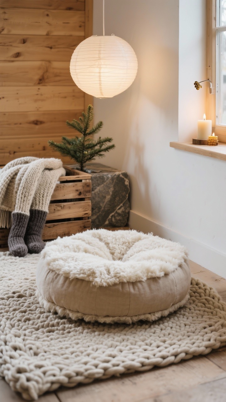 Detail closeup, Nordic Cabin Cocoon: tactile focus on a shearling-topped round meditation cushion and a firm wool bolster in oatmeal layered over a chunky knit rug; background hints of warm white walls with honey pine paneling halfway up; a narrow window ledge with beeswax candles and a tiny spruce plant softly out of focus; materials highlighted—shearling, wool, raw wood, stone; paper lantern pendant glow reflected on textures; a pine crate with a woolen throw and thick knit socks partially visible; palette of oat, cream, pine, soft charcoal; photorealistic, cozy diffused light.