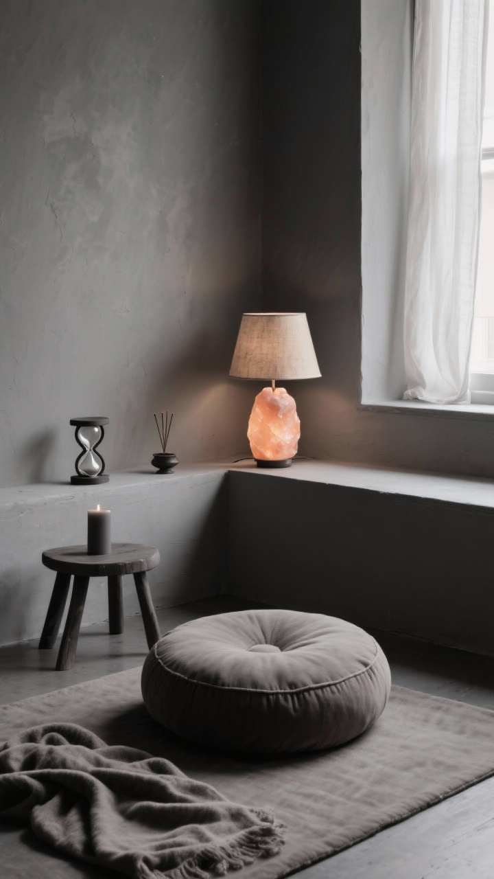 Detail closeup of a monochrome meditation corner focused on textures: a thick meditation cushion and low floor pad with a soft throw, all in a single tone like clay or charcoal. Limewashed corner painted a shade darker than the room to create a cocoon effect. A low stool/altar ledge holding a sand timer, matte candle, and petite incense holder. Warm dim light from a parchment-shaded dimmable floor lamp (or salt lamp glow); sheer linen at the window softening daylight. Strictly monochrome palette, no tech, serene, photorealistic.