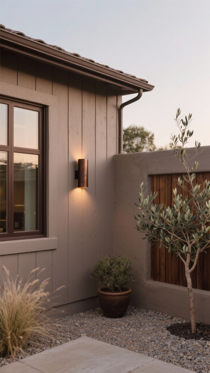 Detail closeup of a monochrome taupe exterior where siding, trim, and fascia are painted the same warm taupe; bronze or deep brown window frames offering subtle contrast; minimal dark bronze cylinder sconce casting a gentle evening glow; edge of a matching taupe low stucco or wood-slat courtyard wall visible, with decomposed granite ground, potted olive trees, and soft grasses; calm, refined, and cohesive tone.