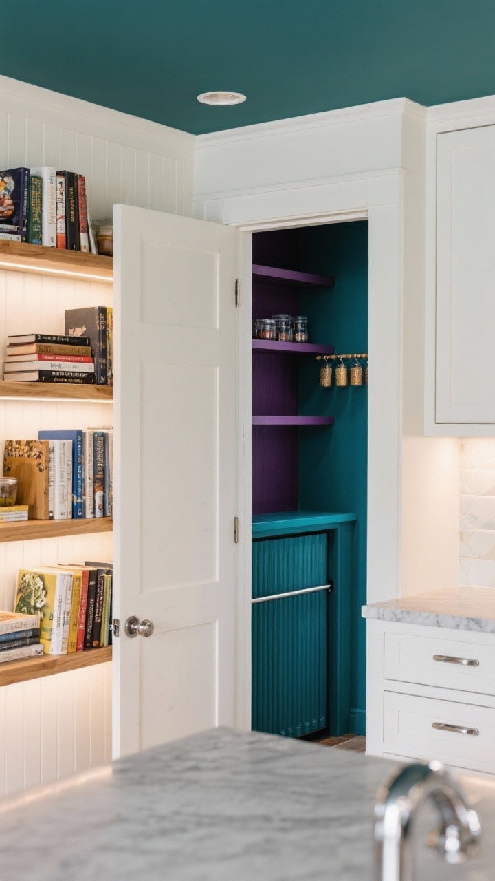 Detail closeup of a secret cookbook wall door: light, airy exterior with white oak shelves holding cookbooks and integrated lighting; magnetic touch-latch with no visible knobs; the door slightly open to reveal a color-drenched pantry niche in deep teal (or aubergine) with shelves and ceiling painted the same saturated hue, a spice rail, and a tambour door appliance garage; hints of cloud-white cabinets and soft gray island outside; polished chrome accents; moody interior lighting contrasted with bright exterior.