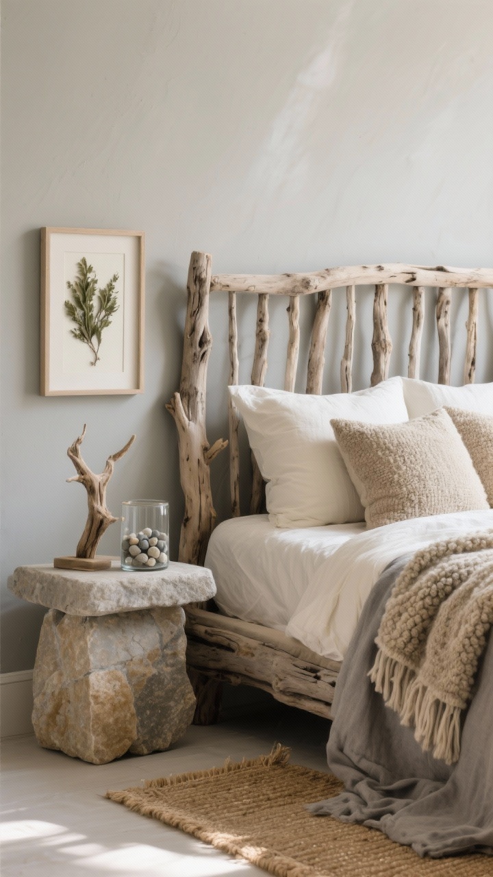Detail closeup of a weathered driftwood retreat vignette: slatted driftwood-finish headboard backdrop; layered neutral bedding in cream and putty with a warm gray linen duvet; chunky wool throw and nubby pillow covers highlighting tactile textures; stone-topped nightstand with a pebble-filled hurricane and a small driftwood sculpture; framed pressed seaweed leaning against greige/foggy gray wall; seagrass runner edge visible; soft diffused light evoking sun-bleached calm, photorealistic.