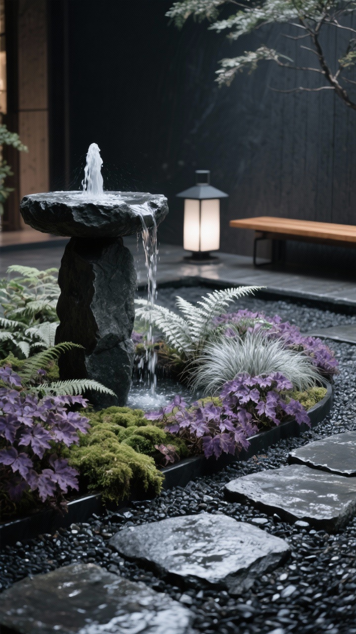 Detail closeup of a zen shade garden composition: fine dark gravel with a simple stepping-stone path edge; the base of a basalt column fountain with gentle water flow; drifts of smoky purple and silver heuchera interwoven with Japanese forest grass and hart’s-tongue fern fronds; a hint of a narrow cedar bench and a minimalist sculptural lantern softly lit by warm-white uplights; palette of charcoal, moss, silver, and plum; serene, restrained mood; photorealistic with emphasis on wet stone texture and layered foliage.
