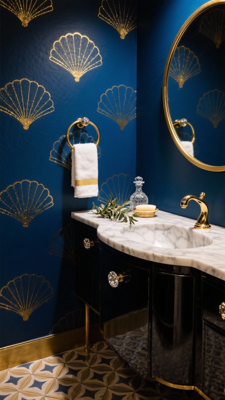 Detail closeup of an Art Deco glam powder room wall: sultry midnight blue wall with a metallic gold stenciled scallop/fan pattern shimmering; adjacent elements hinted—round brass mirror edge, black vanity with marble-look top corner, crystal-style knob sparkle, S-shaped towel ring, luxe soap decanter and small eucalyptus bundle on counter; crisp, dramatic lighting that highlights the gold pattern; bold patterned peel-and-stick floor tile visible at the bottom edge.