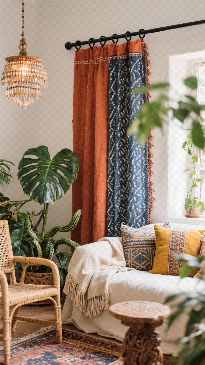 Detail closeup of boho window and textiles: block-printed cotton curtains in terracotta and indigo with a hand-stitched hem hanging from a simple black iron rod with rings; edge of an off-white linen sofa with mismatched patterned floor pillows nearby; a kilim rug peeking into frame; rattan chair texture in soft blur; tassel-trim throw and carved side table corner; leafy plants (fiddle-leaf fig, pothos, snake plant) adding layered greenery bokeh; beaded chandelier casting warm textured light; color story terracotta, indigo, saffron, cream; photorealistic, tactile fabric and pattern emphasis.