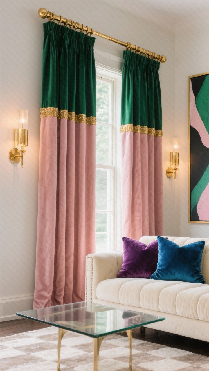 Detail closeup of color-blocked glam drapery: bold curtains with emerald upper panel and blush lower panel divided by a narrow brass trim, hanging from a chunky brass rod; brass sconces flanking the window in soft warm glow; edge of a cream velvet sofa with jewel-toned pillows (amethyst, sapphire) in background blur; smoked glass coffee table and a soft-neutral checkered wool rug partially visible; oversized modern print echoing emerald and blush hues; color story emerald, blush, cream, brass; photorealistic, high-contrast, luxe texture emphasis.