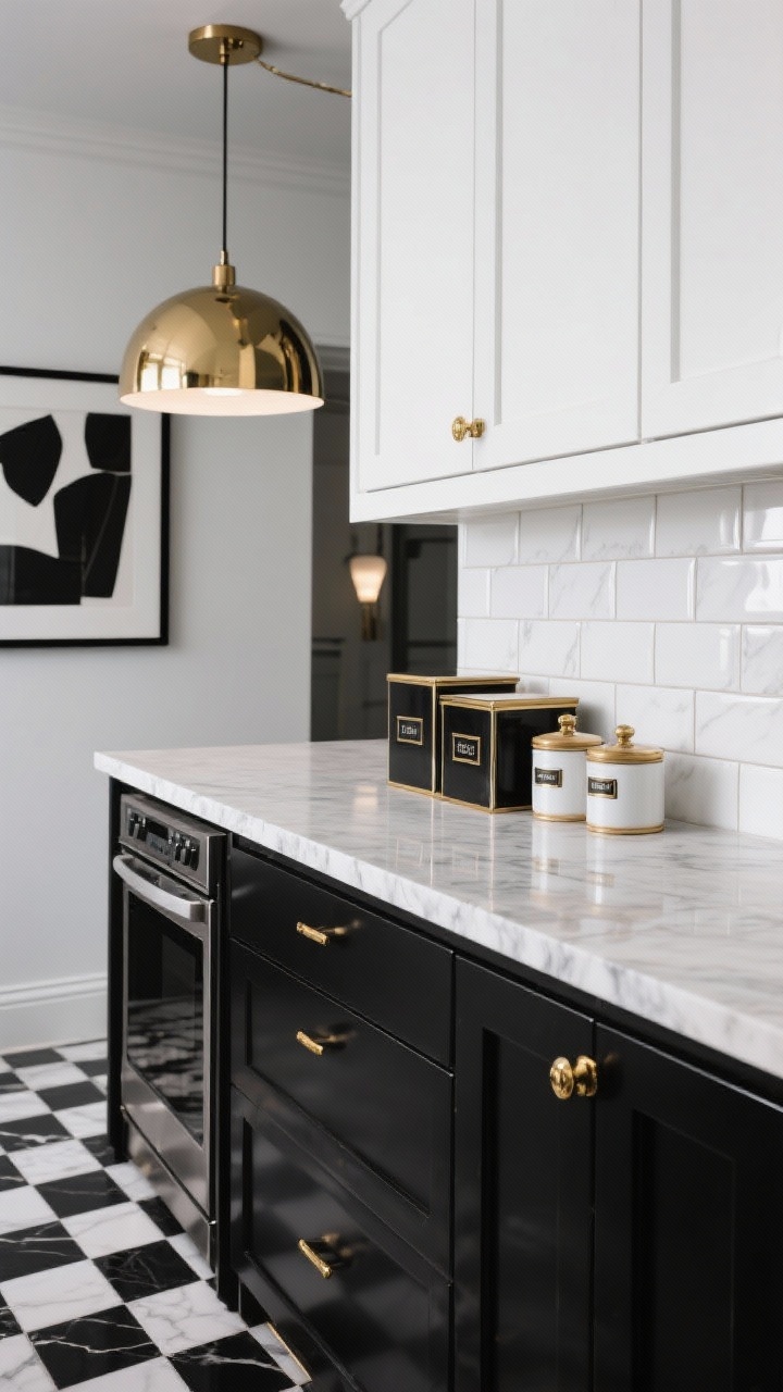 Detail closeup of high-contrast glam finishes: jet-black lower cabinet front with polished brass pull adjacent to a white upper cabinet; dramatic black-and-white geometric floor tile in sharp focus; marble-look quartz waterfall countertop edge over side-by-side machines; glossy white subway tile backsplash stacked vertically; brass dome pendant reflection and a picture light grazing black-framed abstract art slightly blurred in background; lacquered storage boxes and labeled canisters on counter; crisp, luxurious, photorealistic.