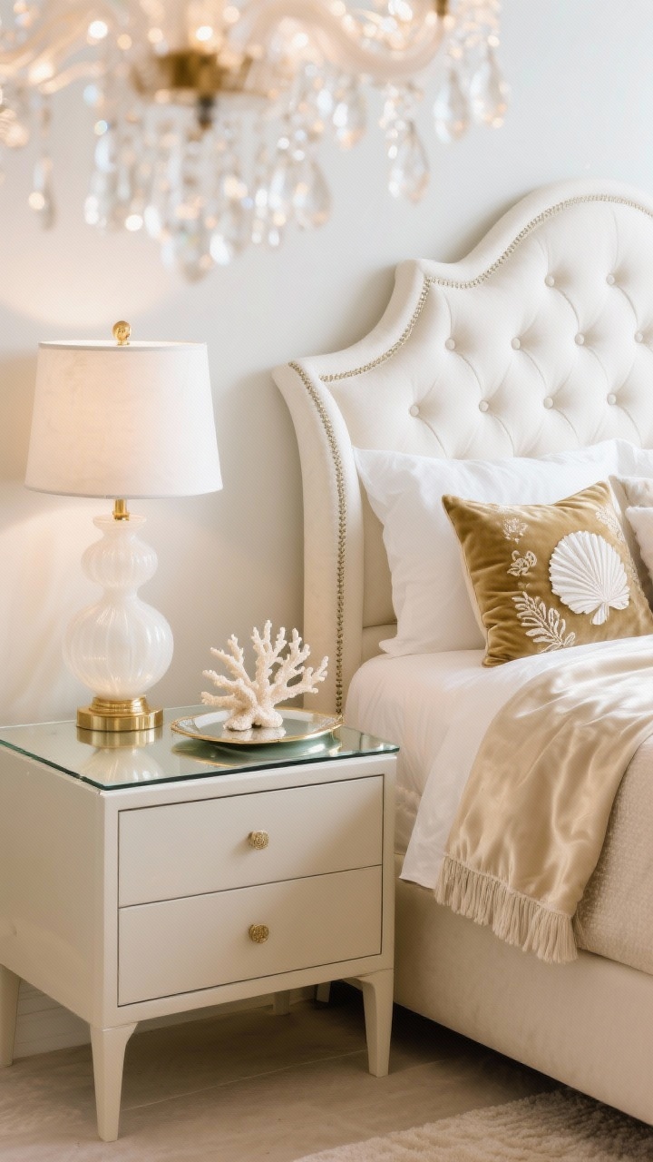 Detail closeup of luxe coastal glam textures on the nightstand area: upholstered wingback bed with tufting in pearl/ivory tones in the background; lacquered nightstand in pale sand finish; glass or alabaster lamp with brushed gold accents; silk-blend throw and sateen sheet edge visible; velvet accent pillow with shell-inspired embroidery; mirrored tray displaying a coral sculpture; capiz shell chandelier sparkle bokeh; palette of pearl white, champagne, brushed gold; soft, luminous lighting, photorealistic.