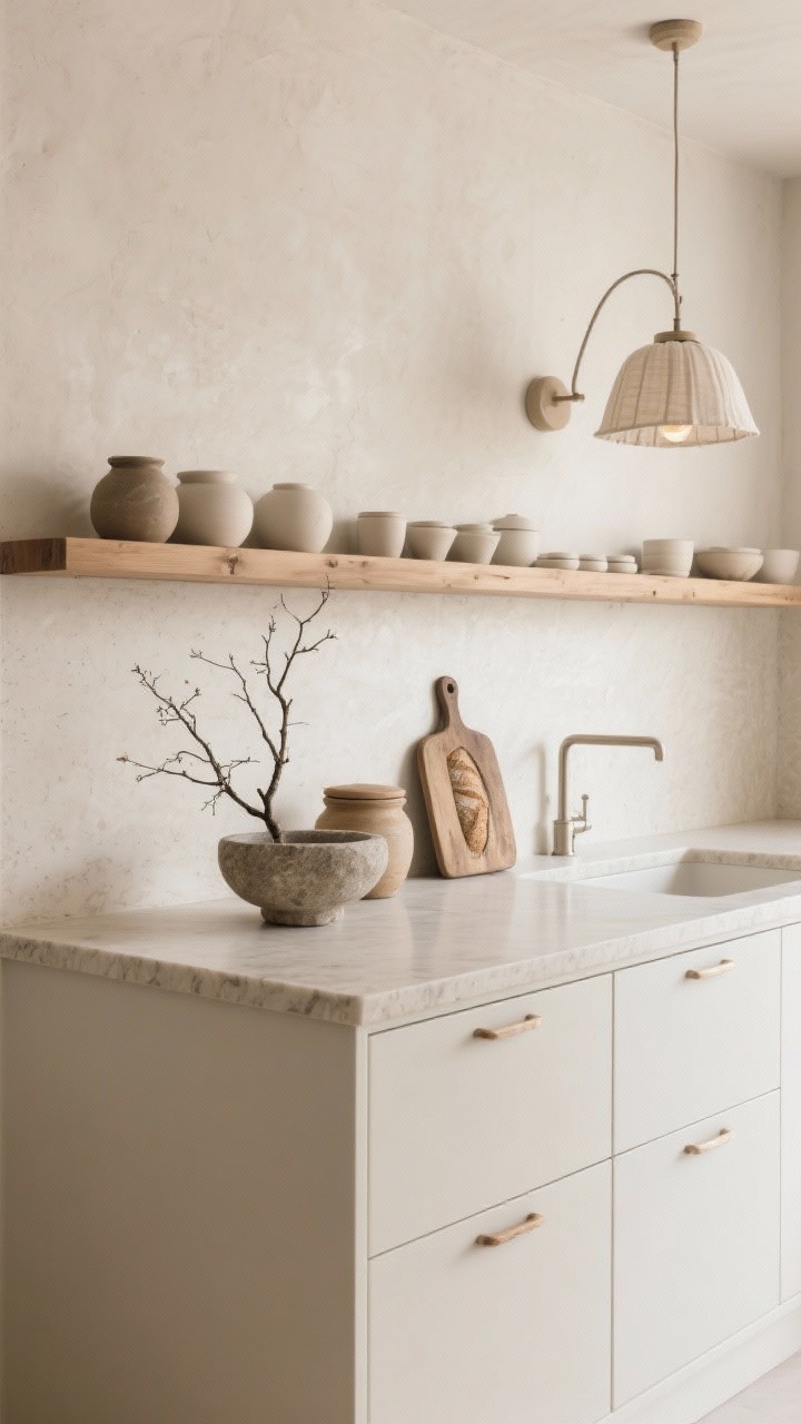 Detail/closeup of minimal quiet luxury textures: warm white flush inset cabinetry meeting a continuous microcement backsplash that runs up the wall into a long plaster shelf displaying simple ceramics. Edge of a natural pine island with rounded corners and integrated pulls; honed limestone (or limestone-look quartz) countertop surface in soft matte finish. Small linen drum pendant glow above, nearby plaster sconce by the sink. Tone-on-tone neutrals, a single sculptural branch arrangement in a stone bowl, lidded crocks and one vintage bread board. Calm, diffuse daylight, photorealistic.