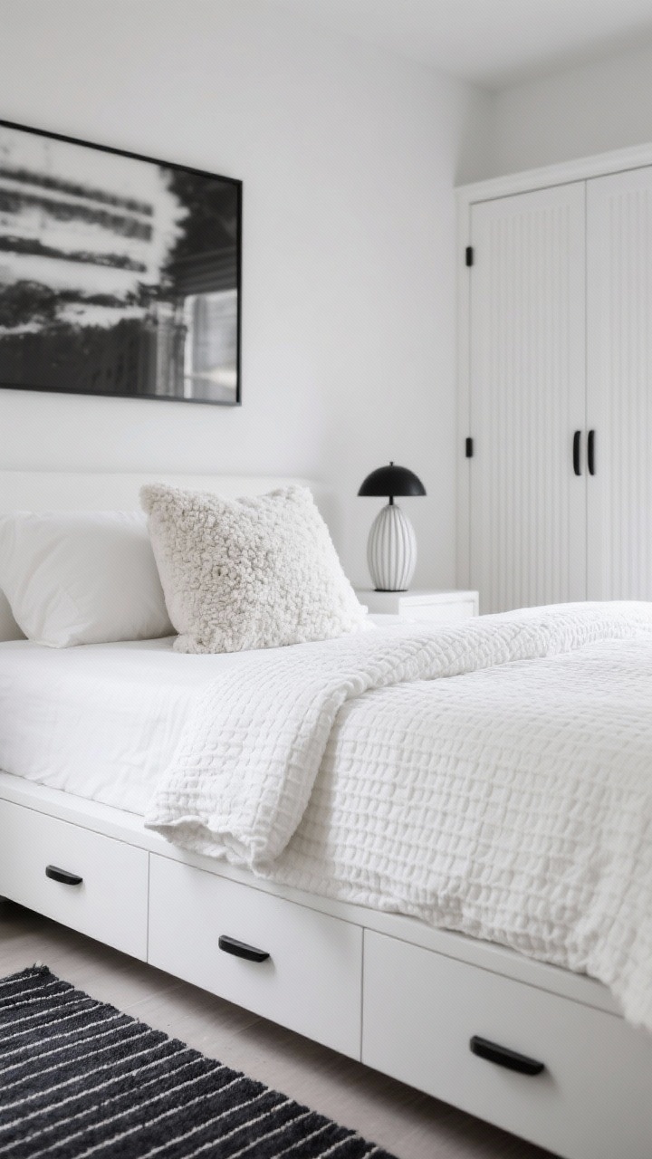Detail closeup of monochrome textures: white-on-white palette showing a waffle-knit duvet, boucle throw pillow, and a ribbed ceramic lamp on a simple platform bed with built-in drawers. In soft side lighting, a charcoal pinstripe rug edge peeks from below. Partial view of an oversized black-and-white photograph above the headboard. Freestanding wardrobe with fluted doors blurred in background. Hardware uniformly matte black (or brushed nickel—choose one for the scene). Minimal, crisp, high-contrast yet serene.