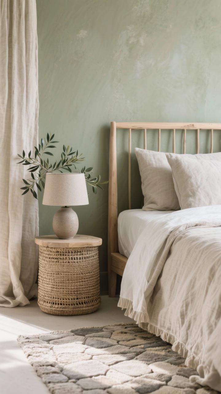 Detail closeup of organic calm textures: muted sage wall as backdrop with washed linen drape edge and linen duvet/pillows in natural tones; light ash wood bed frame corner; woven nightstand surface holding a matte ceramic lamp with hand-thrown look; small olive tree leaves in a textured pot creeping into frame; subtle stone-toned rug pattern beneath; soft morning light emphasizing fibers and matte ceramics, photorealistic.