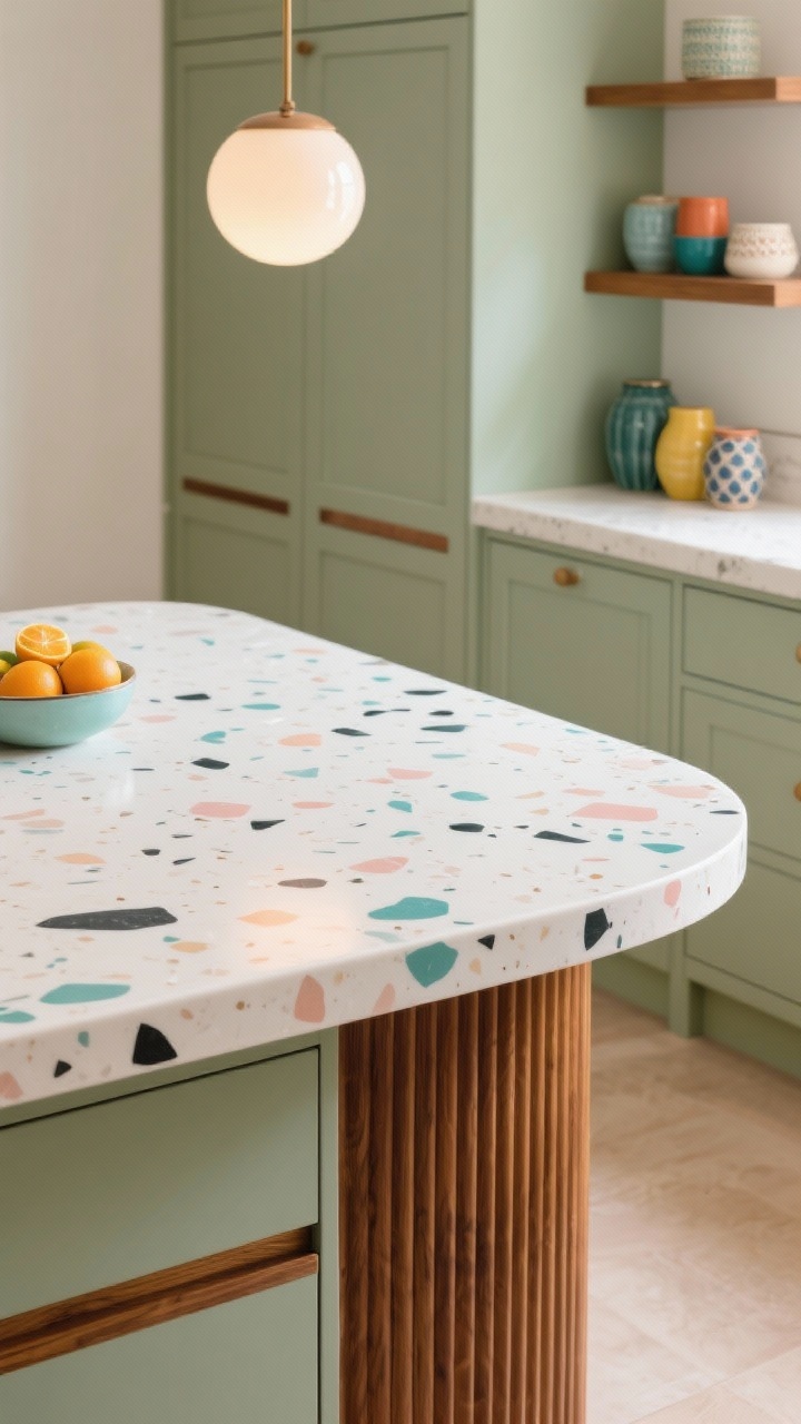 Detail closeup of playful mid-century terrazzo countertops: warm white base with chips of teal, blush, and charcoal; edge of a rounded peninsula visible; muted sage cabinetry below; walnut accents on the toe-kick and open shelf frames in the background; opal globe lighting softly reflecting on the surface; nearby color-blocked ceramics and a bowl of citrus adding pops of color; hints of fluted island front texture.