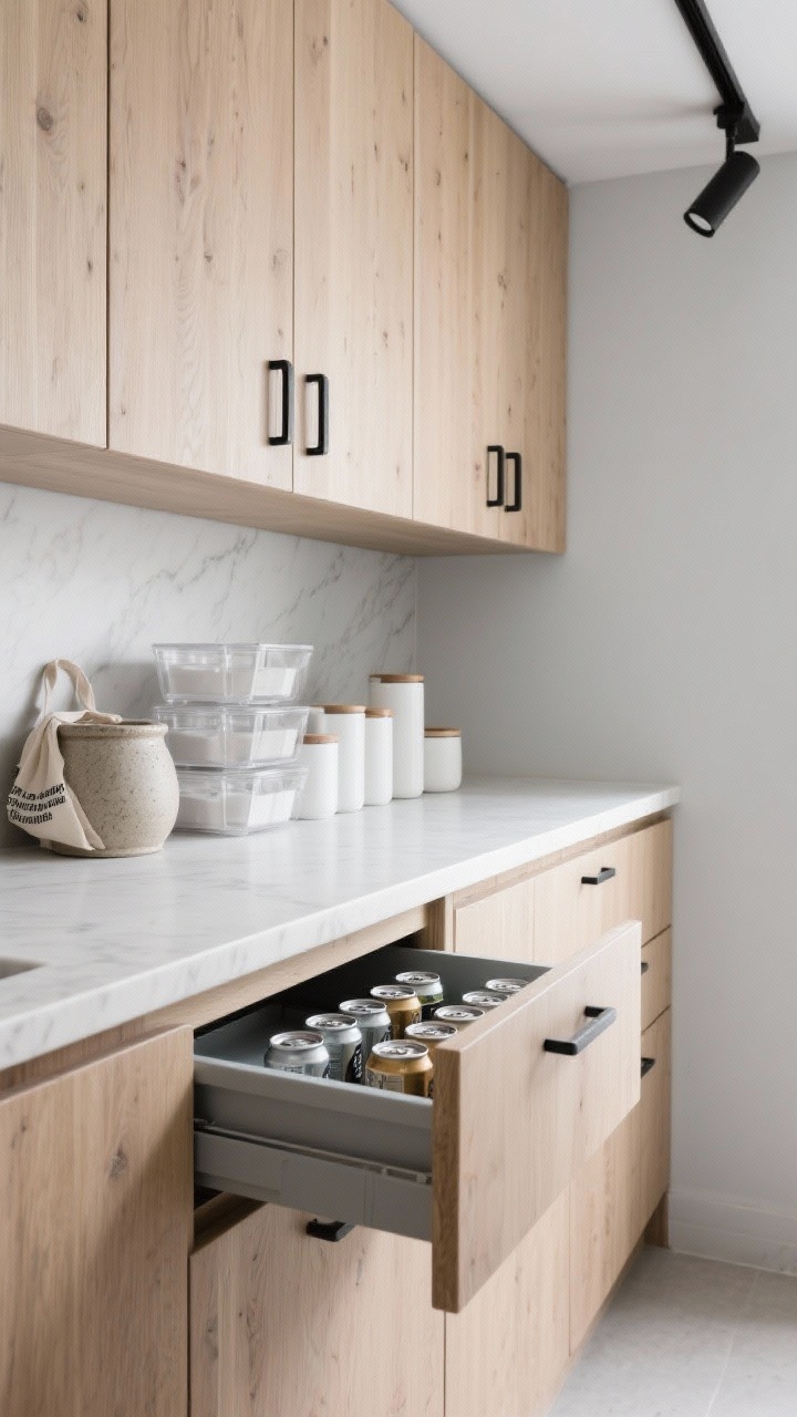 Detail closeup of Scandinavian minimal pantry storage: flat-front warm birch cabinetry with slim black finger pulls and concealed hinges; white quartz counter with stackable acrylic bins and uniform white canisters aligned precisely; soft gray wall background; slim pull-out drawer for cans partially open; quiet black track light casting even illumination; a simple stoneware crock holding reusable bags; neutral wood, white, and gray tones; tight, clean composition.