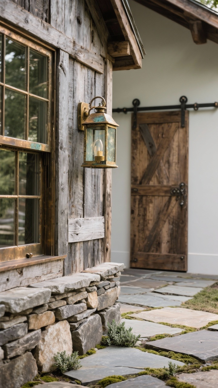 Detail closeup of textured reclaimed barn wood siding in weathered grays and browns meeting a stacked fieldstone base; bronze-clad window frame catching subtle light; aged brass lantern with beginning patina mounted nearby; in the background, a sliding barn door on a decorative track; foreground hints of flagstone pavers with moss or creeping thyme growing between joints; timeless, rugged, tactile feel.