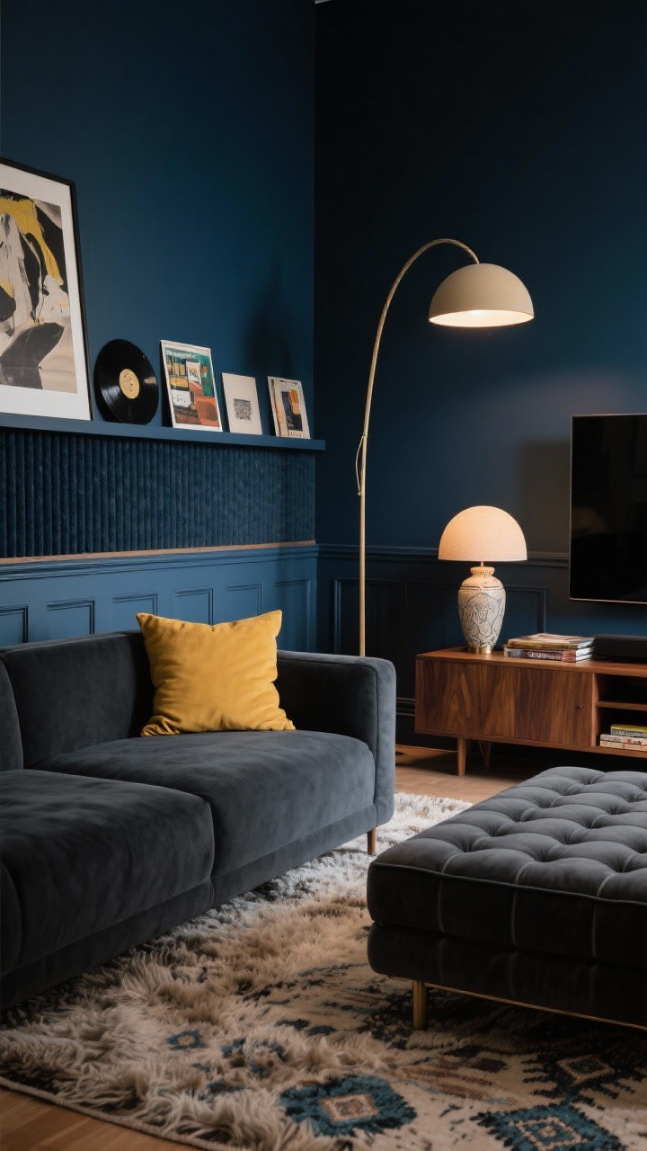 Detail closeup of the media den’s moody textures: ink-blue wall with a wainscot ledge holding leaning art and records, edge of a charcoal clean-lined sectional, and a tufted ottoman used as a coffee table. In the blurred background, a low walnut media console and a shaggy Moroccan rug texture visible. A tall arc floor lamp’s dome shade glow provides club-lounge ambiance; mustard throw pillow and a ceramic table lamp with dome shade add pops. Subtle acoustic fabric-wrapped panel texture hinted on the wall. Low, cozy lighting; photorealistic.