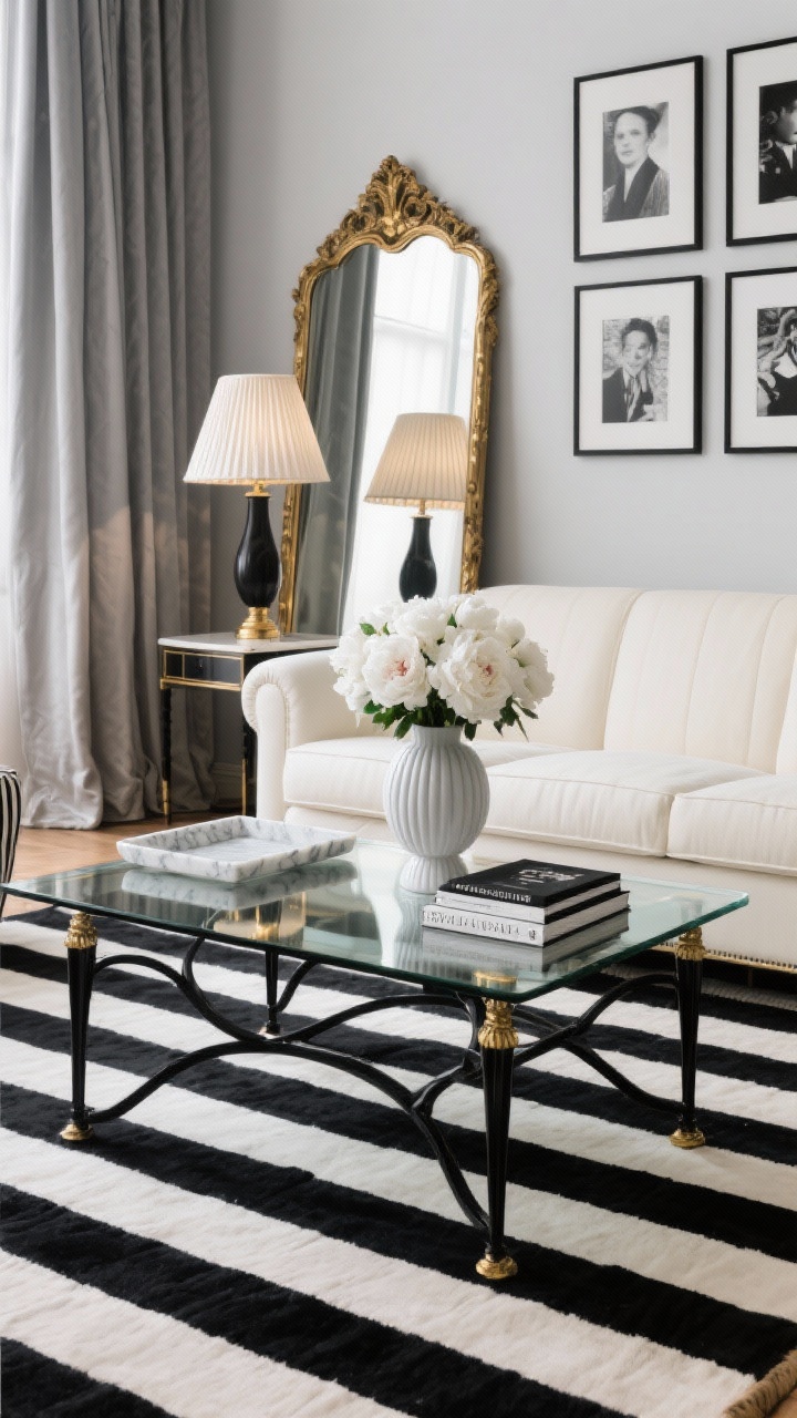 Detail closeup on contrast and polish: Parisian-inspired vignette showing a black-and-cream striped rug beneath the edge of a tailored cream sofa. In front, a glass-and-black metal coffee table holds a marble tray, fluted vase, and monochrome-spined books. Reflected in the table glass, a large antique-style gold mirror leans nearby; pleated-shade table lamps flank the sofa. On the wall, black-and-white photography in slim black frames. Floor-grazing drapes soften the scene; a single statement floral arrangement of white peonies completes the look. Palette: cream, black, gold, soft gray. Photorealistic, elegant.