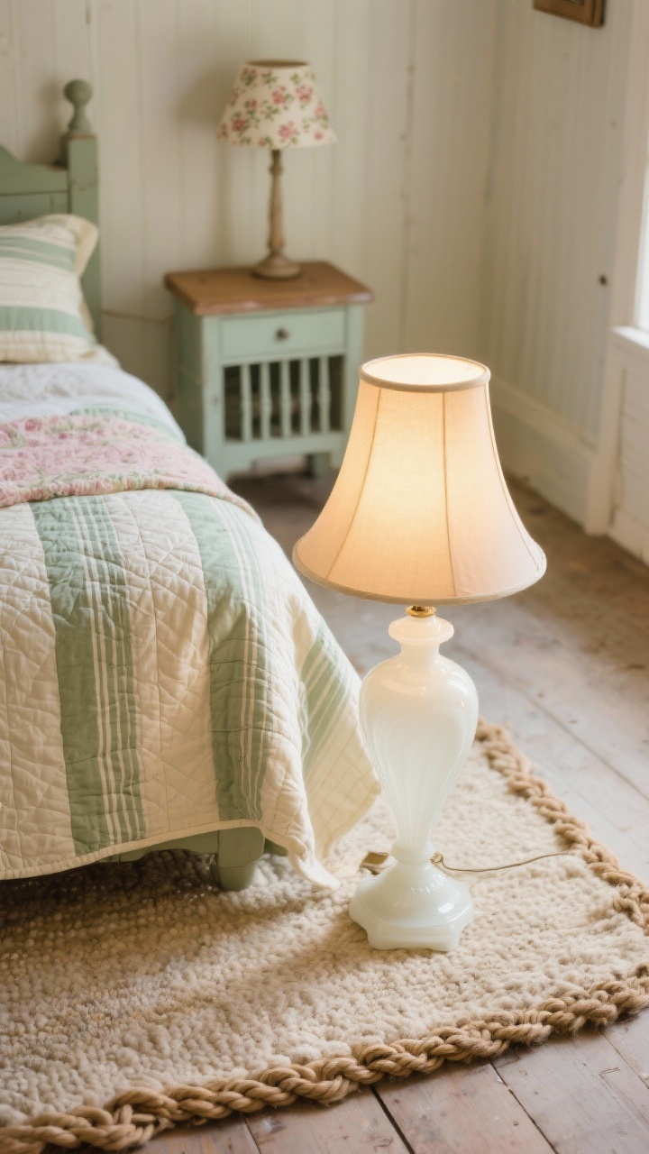 Detail closeup, overhead angle: A layered cottage vignette featuring a milk glass lamp with gentle curves and a tapered shade glowing with buttery, even light. Surrounding textures include a quilted coverlet, ticking stripe shams, and a braided wool rug edge; palette of sage, buttercream, and faded rose with warm wood hints. In the blurred background, a painted nightstand and spindle bed; nearby, a floor lamp with a tiny floral fabric-covered shade. Photorealistic, cozy afternoon glow.