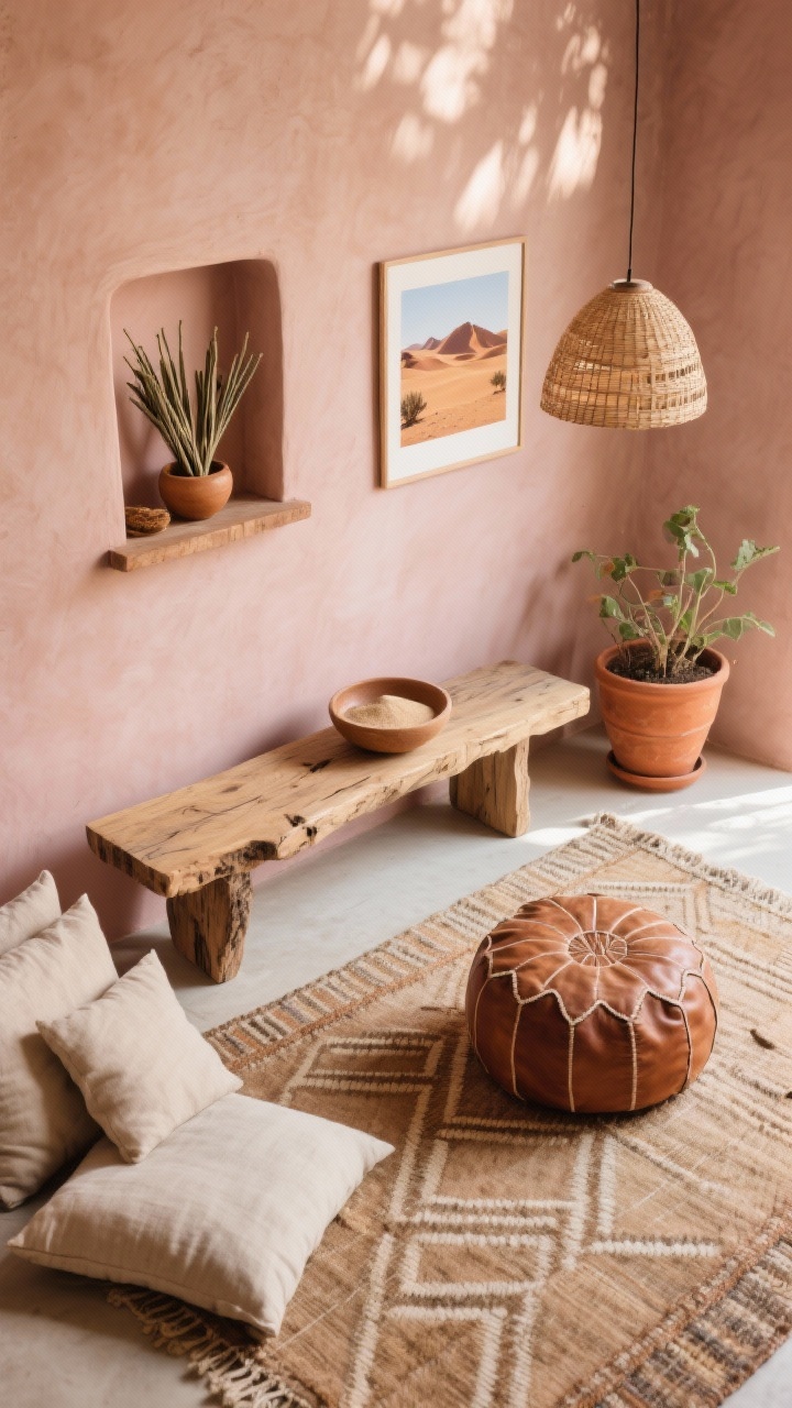Detail closeup, overhead angle: Desert stillness retreat vignette showing a raw-edge wooden bench against a muted blush wall, with a niche wall shelf above holding sage sticks, a ceramic bowl of sand, and a small desert landscape print; terracotta planters with sun-washed linen floor cushions and a leather pouf nearby; flatweave rug with subtle geometric pattern beneath; textures of raw wood, stone, handwoven textiles; wicker pendant light casting sun-dappled shadows; warm clay, sand, and caramel tones; photorealistic.