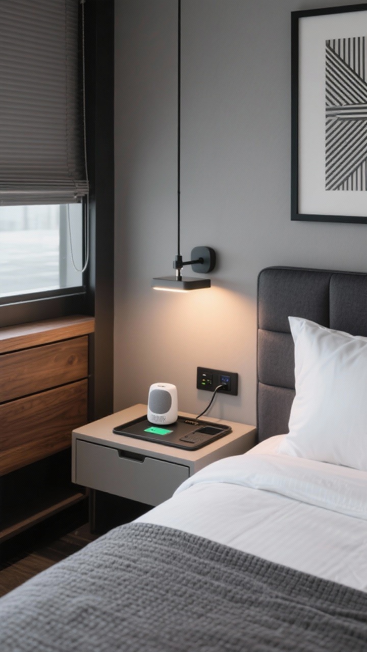 Detail closeup, overhead bedside setup: Smart modern sleep tech suite with soft graphite wall backdrop and a charcoal upholstered bed corner visible; crisp white hotel sheets with a textured gray coverlet; built-in USB nightstand featuring a wireless charging tray, a smart speaker (or white noise machine), and low-glare sconce above; hint of motorized blackout shades in the frame; slim black metal frames with minimal geometric art; ribbed wood dresser edge in background; temperature-regulating bedding implied; soft, warm-toned evening lighting for sleep-friendly ambiance; cords hidden; photorealistic, no people.