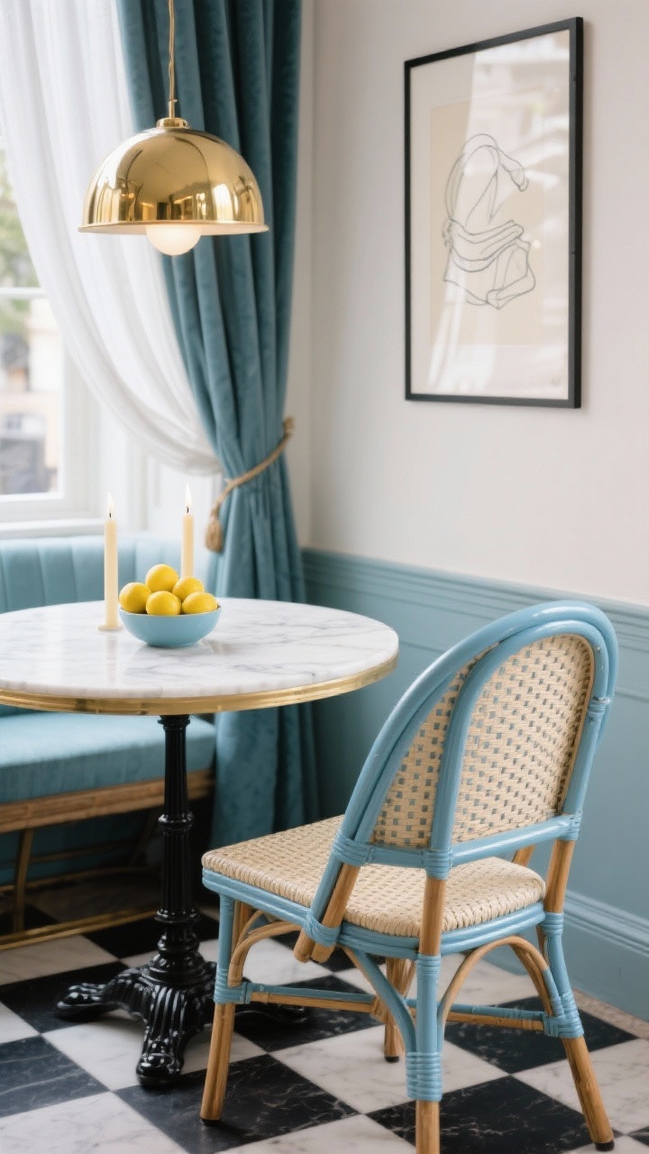 Detail closeup, Parisian bistro charm: focus on a cane-back dining chair in soft French blue lacquer with creamy performance upholstered seat beside a white marble-topped round table with a slim black base; background hints of a petite black-and-white checkered rug, framed line drawings on the wall, and brass dome pendant glow reflected in the marble; cafe curtains filter daylight; tapered candles and a bowl of lemons add color; timeless café vibe; photorealistic, no people.