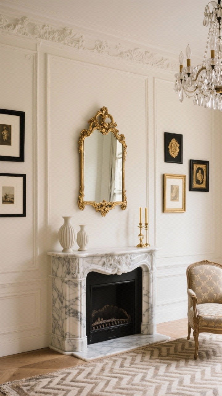 Detail closeup, Parisian Chic Classic mantel/wall moment: creamy wall with picture-frame molding, an ornate gilded mirror reflecting soft light. Below, a marble-topped console edge shows fluted vases and brass candlesticks. On the wall, a curated gallery with slim black frames mixed with a few ornate gold pieces. In soft focus, hints of a bergère-style chair fabric and herringbone/vintage-look rug pattern. Lighting glints from a crystal chandelier just out of frame. Palette: cream, beige/dove grey accents, brass/gold, black. Photorealistic, elegant, romantic, straight-on detail.