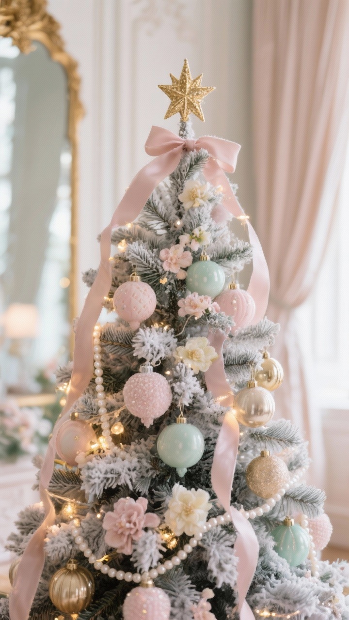 Detail closeup: Parisian pastel tree textures—frosted branches adorned with blush, dove gray, mint, and champagne ornaments that look like sugared bonbons. Silk ribbons stream down, pearl garlands and dainty florals nestle into the needles; warm sparkling fairy lights twinkle. In soft bokeh, a gilded mirror and pale silk drapes suggest the parlor setting. A petite gilded crown/star topper’s ribbon cascade peeks into frame. Dreamy, delicate, photorealistic macro with shallow depth of field.