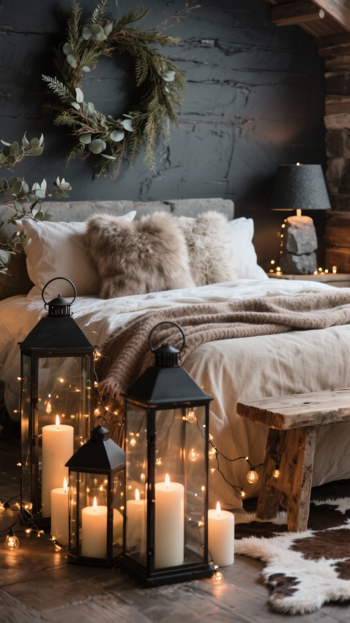 Detail closeup, photorealistic: Candlelit Chalet Chic vignette focusing on textured neutrals—oatmeal linen duvet, faux fur pillows, and a taupe wool blanket layered on the bed; foreground clusters of pillar candles inside black metal and glass lanterns casting moody glow; warm Edison string lights draped softly; hint of a reclaimed wood bench and cowhide/shag rug edge; charcoal accent wall slightly out of focus; a wild eucalyptus and cedar wreath above; stone-look table lamp nearby; intimate, après-ski romance; no people.