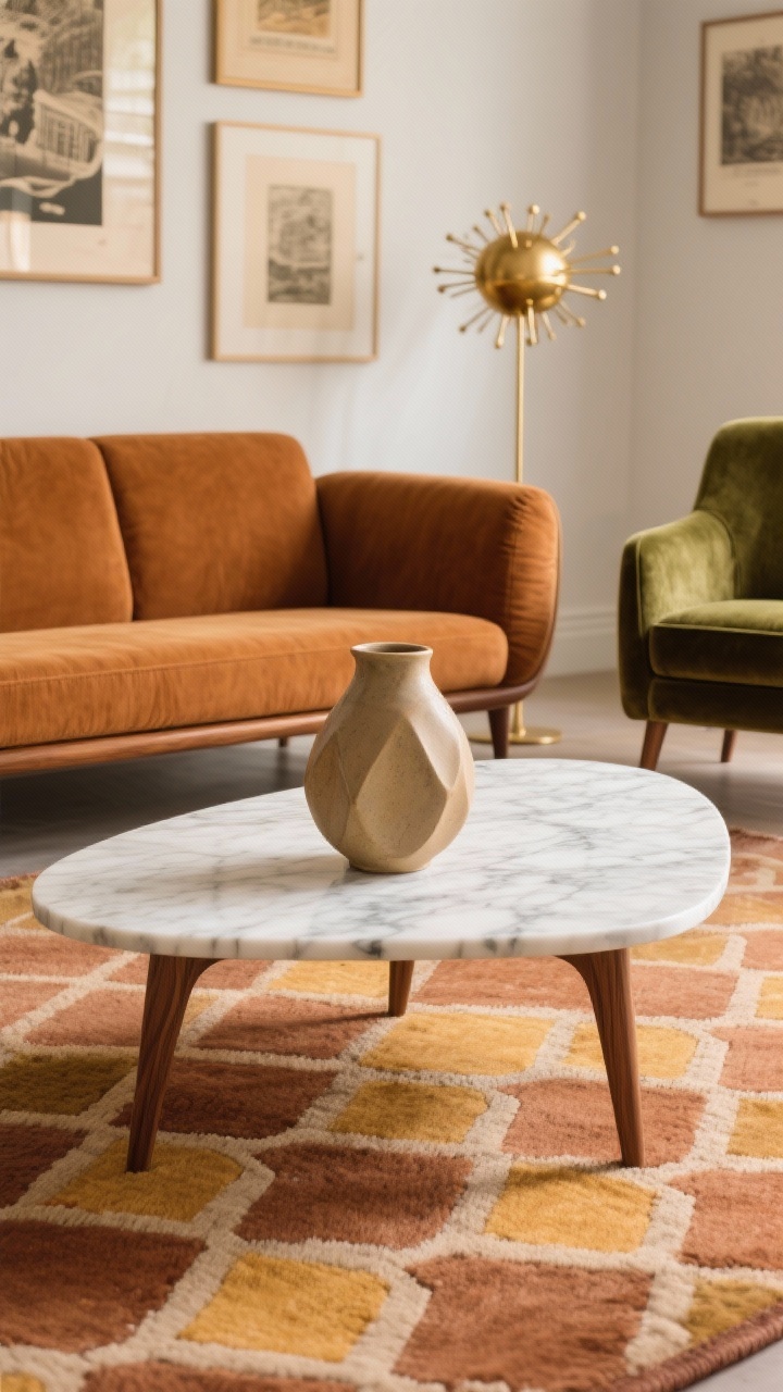 Detail closeup, photorealistic: Focus on a warm caramel sofa with walnut legs and gently curved arms, showing fabric grain and wood tone. In front, a kidney-shaped marble coffee table with a sculptural ceramic vase. Partially visible geometric mid-century rug in clay and ochre beneath. Background hints of a gallery wall with vintage-inspired prints and a brass sputnik chandelier softly blurred. An olive velvet accent chair edge enters frame. Palette: caramel, olive, brass, walnut; accents: globe lighting, tapered legs, patterned rug. Warm, ambient lighting.
