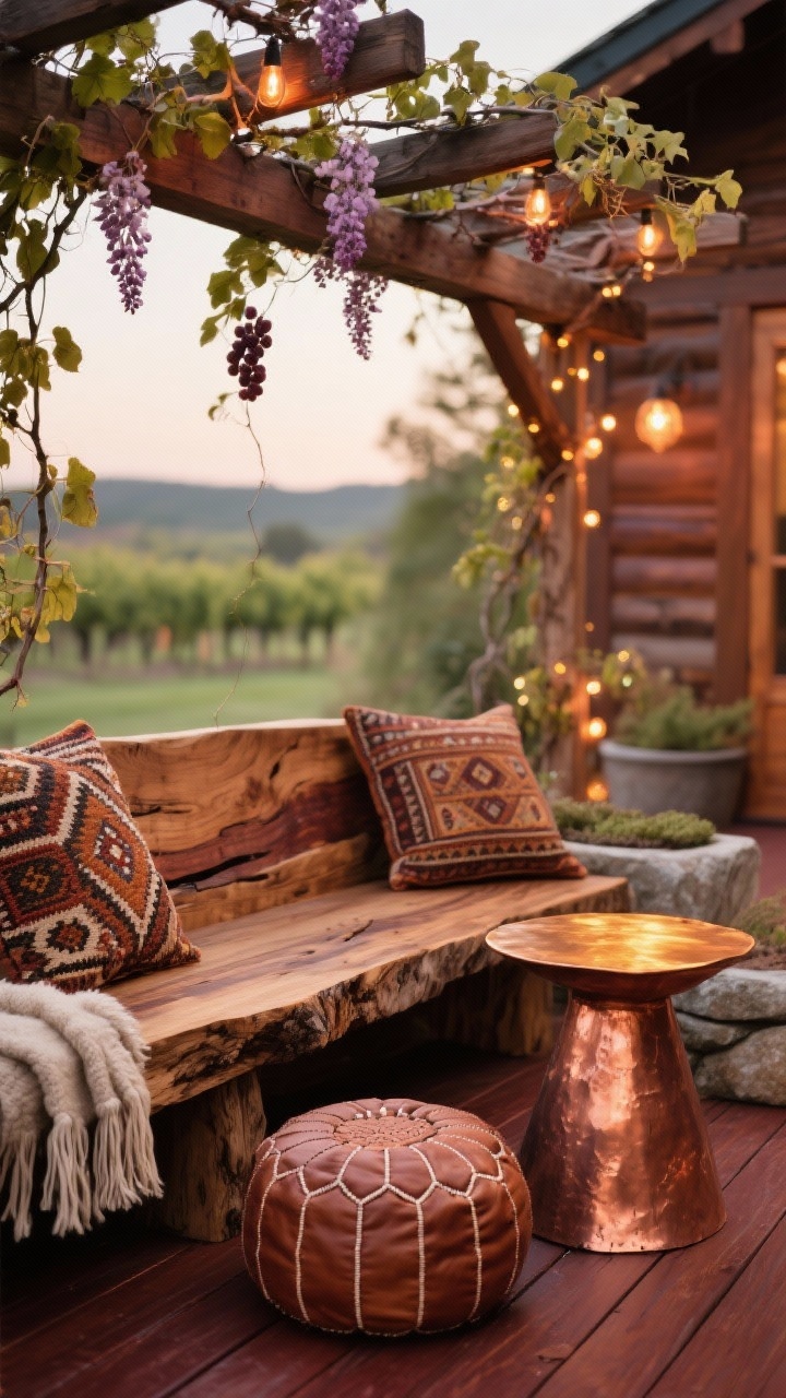 Detail closeup, rustic textures on redwood deck stained chestnut-brown semi-transparent showing warm grain: live-edge wood bench edge and seat texture; hammered copper side table surface catching golden light; kilim-patterned cushion corners with rich woven detail; pergola beam above with grapevine/wisteria tendrils softly out of focus; copper string lights creating warm bokeh; wool throw fringe, leather pouf stitching, and stone planter surface visible; cozy cabin-meets-vineyard mood, photorealistic.