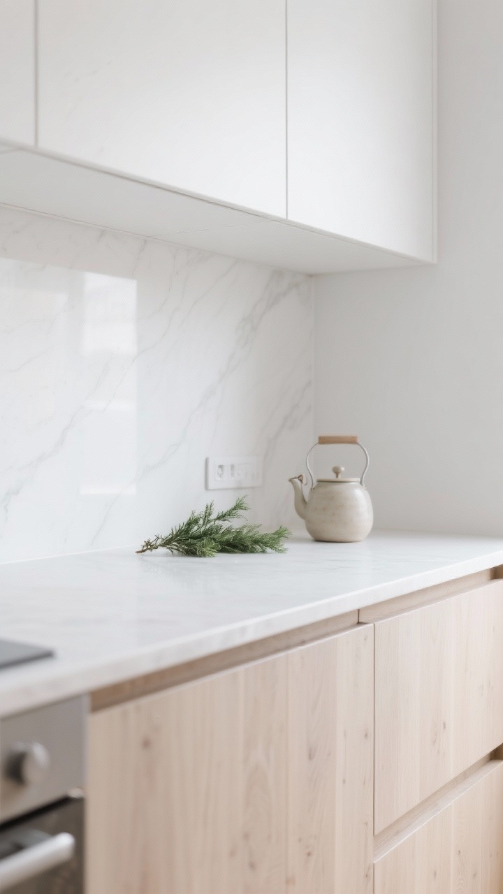 Detail closeup, Scandinavian airy: flat-front light ash/birch lower cabinet with matte finish and integrated finger pull, cloud-white upper cabinet edge nearly blending into a white wall, ultra-thin white quartz countertop, full-height white quartz backsplash with crisp seams, tiny edge pull in satin aluminum, a sprig of greenery and a ceramic kettle softly out of focus; bright, diffuse daylight, minimalist, tight framing, photorealistic.