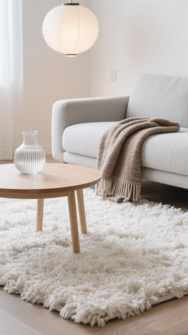 Detail closeup, Scandinavian soft minimalism: a thick off-white plush shag rug filling the frame with high-pile texture; edge of a light gray sofa with pale oak legs visible, and a simple round oak coffee table partly cropped. Soft white and light gray palette, warm taupe accents. On the table: a ribbed glass vase and a folded wool throw. Overhead diffused natural light like a paper lantern pendant glow; photorealistic, cozy yet clean minimal lines emphasized.