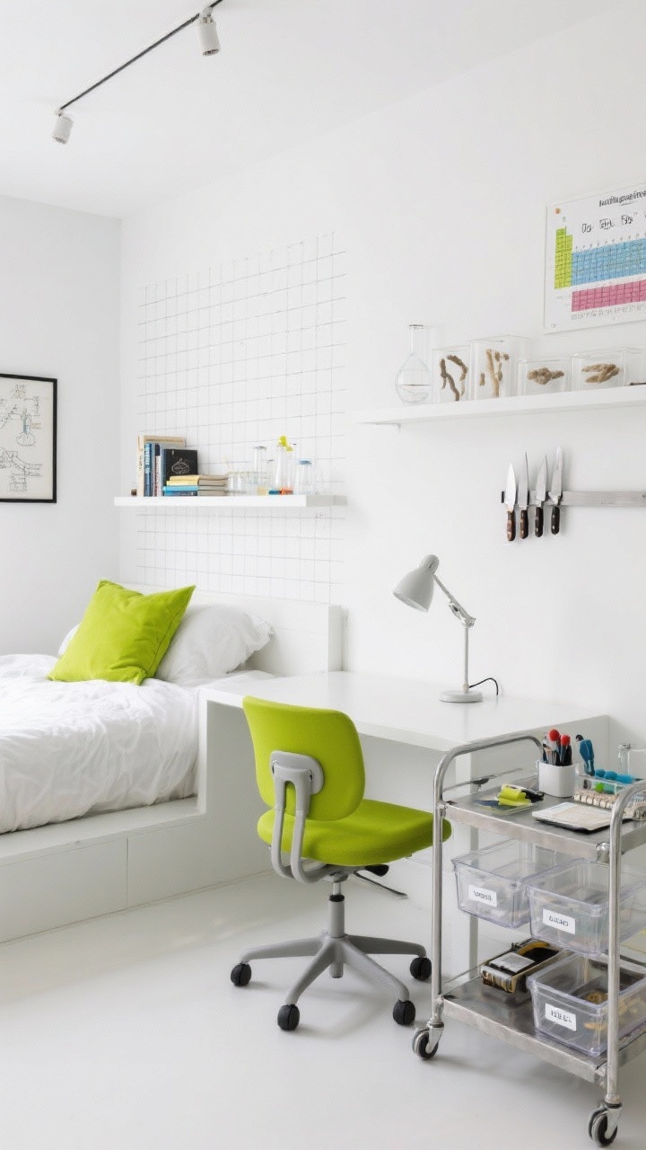 Detail closeup, Science Lab Minimalist: a crisp white wall with a grid-style decal behind a simple white desk, mimicking graph paper; a white platform bed edge with a hidden headboard shelf partly in frame holding small books and simple experiments; pops of acid green in a task chair, a lamp, and a throw pillow; a metal rolling cart used as a lab trolley with kits and tools; storage details include clear acrylic bins with labels, a magnetic knife strip holding small tools, and a specimen display shelf with neatly arranged items; decor includes vintage science diagrams and a periodic table print; bright, even, lab-like lighting; photorealistic, no people.