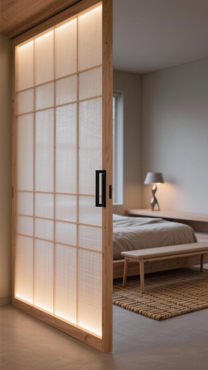 Detail closeup, shoji-style sliding panels with pale maple frames and translucent poly rice paper, softly backlit to create a dreamy glow; LED strip along the panel edge for ambient halo, blackened steel pulls adding modern bite; blurred background hints of a low platform bed with textured neutral bedding and a slim bench, bamboo mat rug and a sculptural floor lamp outside the sleeping area; palette maple, cream, soft gray, muted clay; serene, minimal mood; evening lighting emphasizing translucency; photorealistic.
