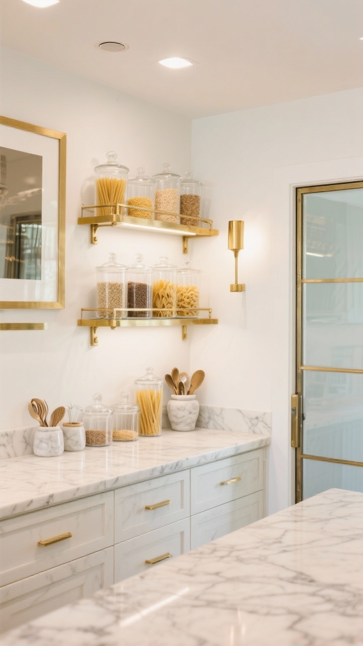Detail closeup, slightly elevated angle: Luxe marble gallery vignette focusing on Calacatta marble countertop with subtle veining, open brass-framed shelves above, and a brass library picture light washing the surfaces; glass-front drawers neatly filled with pasta and grains; apothecary jars, acrylic bins, and marble crocks for utensils arranged elegantly; color palette of bright white walls, cream, brass, and translucent glass; recessed ceiling lighting glows in the background; steel-framed glass door edge visible; photorealistic, no people.