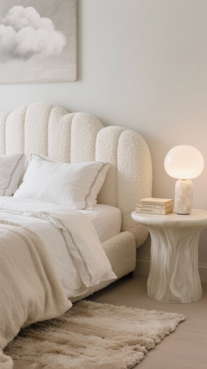 Detail closeup, Soft neutrals with curves and clouds: a bouclé-upholstered cream channel headboard against pale greige walls, cloud-like duvet and tonal pillows with subtle piping; curved-edge wool rug in oatmeal visible at the bed’s edge; milky glass globe bedside lamp casting a gentle glow onto a rounded-edge waterfall nightstand; a hazy monochrome canvas blurred in the background; include a small stack of vintage poetry books and an alabaster box; soft, dreamy, tactile textures, photorealistic.