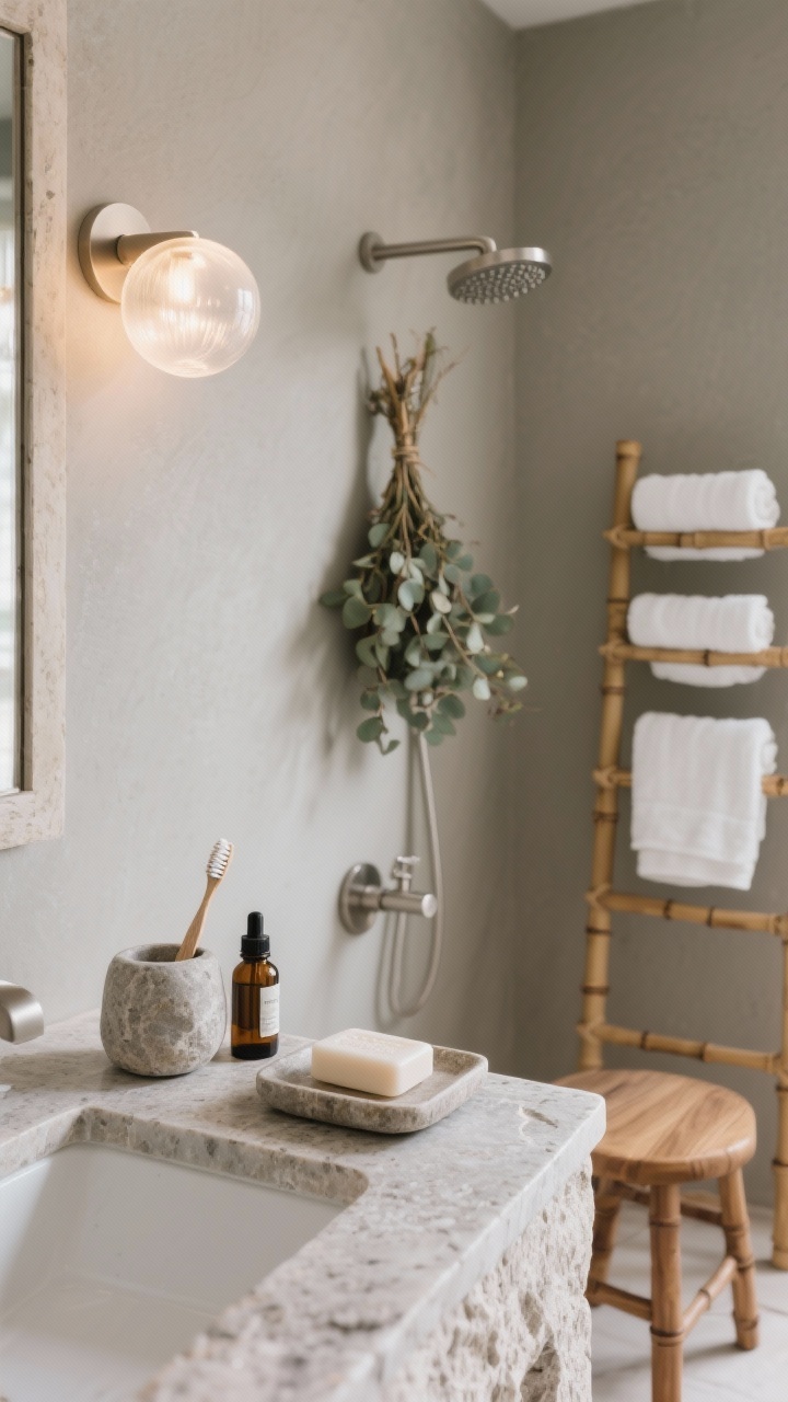 Detail closeup: Spa-zen arrangement on a stone-textured countertop in front of a greige wall—stone accessories (soap tray, toothbrush holder, small tray with essential oils), with a soft-focus background of a teak bath stool and a bamboo ladder rack holding rolled white hotel-style towels. A eucalyptus bundle hangs from a showerhead edge in frame; brushed nickel fixtures peek in. Lighting is warm-dim with frosted globe sconce bokeh. Color palette: greige, stone, white, natural wood. Calm, exhale energy.