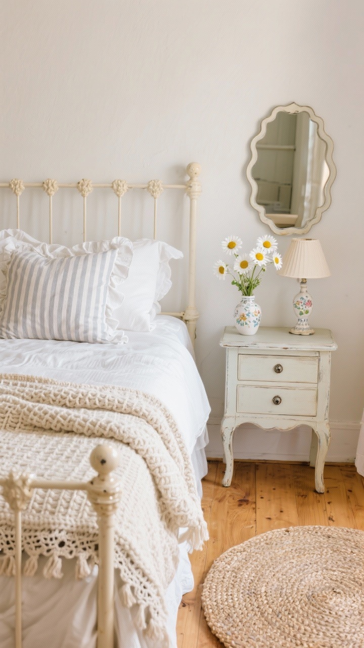 Detail closeup, straight-on: A cottage-white cozy vignette focused on layered textiles on a cream iron bed—hand-knit throw, ruffled pillows, and striped ticking sheets—showing tactile textures like waffle weave and crochet edges. In the background, warm white walls, an antique-painted nightstand with porcelain knobs, a petite floral lamp, a scalloped-edge mirror, and a glimpse of honey-toned wood floors with a braided oval rug. Fresh daisies in a small vase on the nightstand. Soft diffused daylight for gentle warmth. Photorealistic.