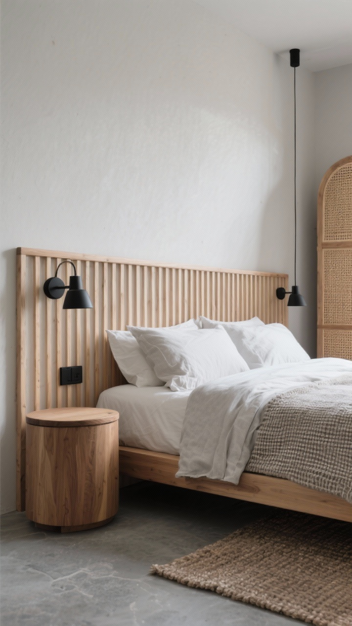 Detail closeup, straight-on crop: Japandi calm textures showcasing a wall-width slatted light-wood headboard with mounted black-accent sconces, adjacent to a low, rounded ash-wood nightstand. Include layered bedding in cotton, linen, and waffle weave, plus a glimpse of a flat-woven rug. In soft gray and stone tones with black accents; hint of a cane-front wardrobe edge in background. Gentle daylight for serene, tactile realism.