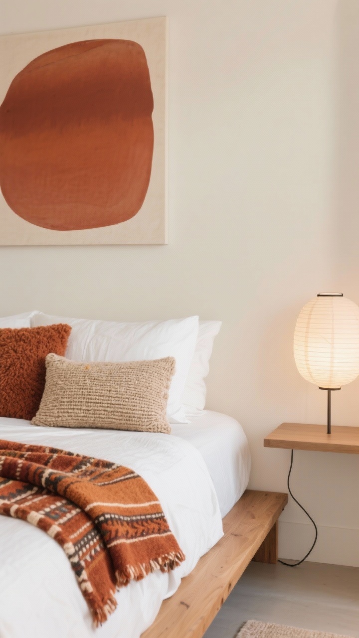 Detail closeup, straight-on crop: Minimalist bedscape with crisp white percale sheets on a low-profile oak platform bed. Soft warm-white/light oatmeal wall behind. Terracotta and cinnamon accents: a bouclé throw casually draped, a woven wool lumbar pillow, and a flat-weave kilim in spice tones visible at the bedside edge. Slim paper lantern glow diffused in the background and a floating nightstand shelf with hidden cord management barely visible. One oversized abstract print in rust gradients blurred softly. Clean, airy daylight.