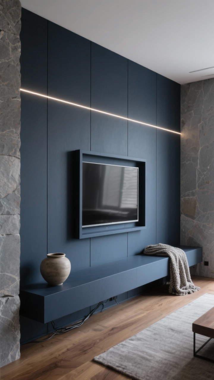Detail/closeup, straight-on: Minimalist flat floor-to-ceiling wall paneling painted in a moody charcoal or ink blue with linear LED grazing across the panels to emphasize clean lines. A frame-style TV is mounted with its bezel precisely color-matched to the wall, nearly vanishing. A slim, same-color ledge acts as a pseudo-console with a single large ceramic vessel and a textured throw nearby; no visible wiring or clutter. Hints of oak flooring and stone-gray accents in the periphery. Quiet luxury, seamless integration.