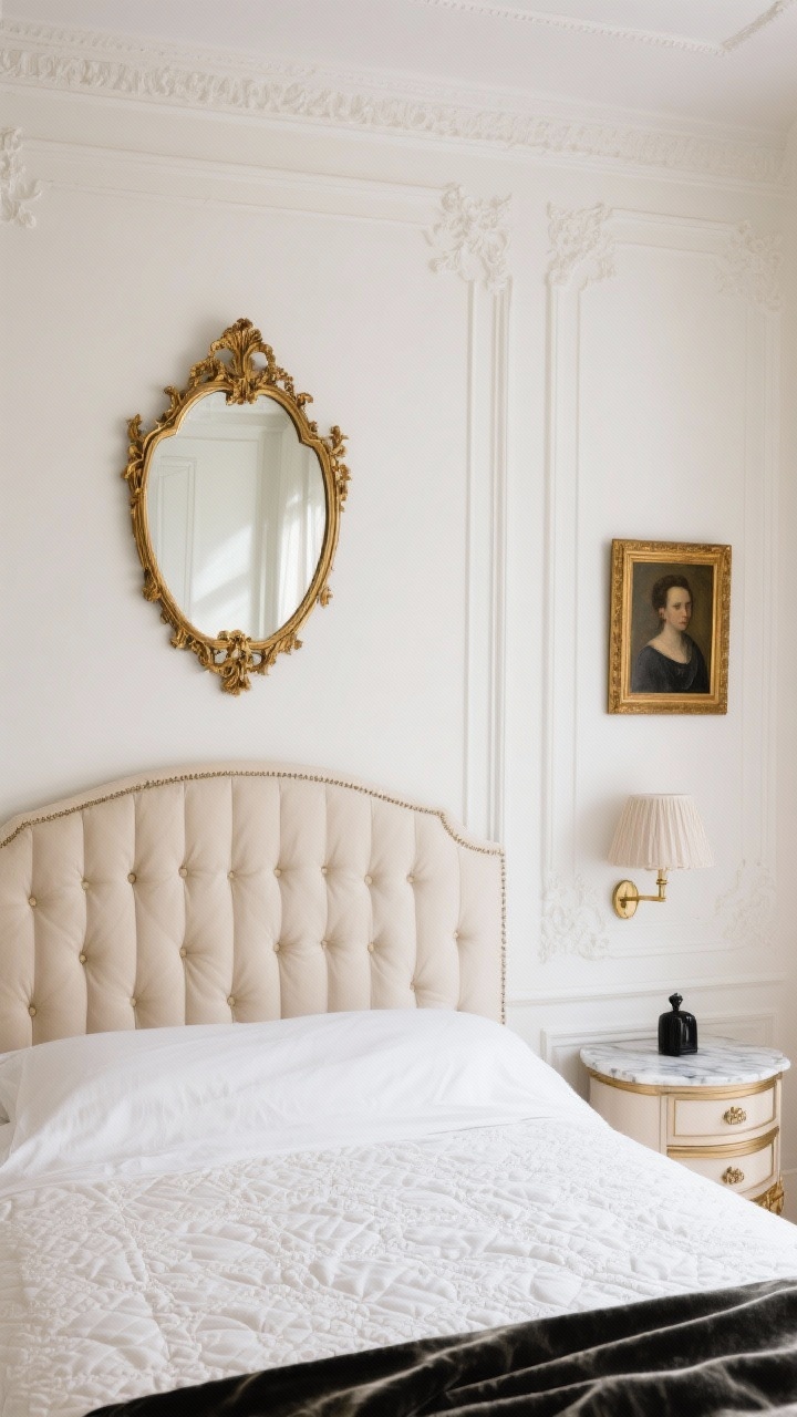 Detail closeup, straight-on shot capturing Parisian wall decor: creamy-white walls with picture frame molding painted to match. Centered above the bed, a gilded antique-style mirror reflecting soft daylight. Nearby on a side wall, a single oil portrait in a gold frame adds character. Edge of an upholstered channel-tufted headboard visible below, with a fabric-shaded sconce in view and a petite marble-topped nightstand corner with a small black-accented object. Textures: matelassé coverlet and a hint of velvet throw. Palette: cream, mushroom, antique gold, black accents. Elegant, romantic ambiance.