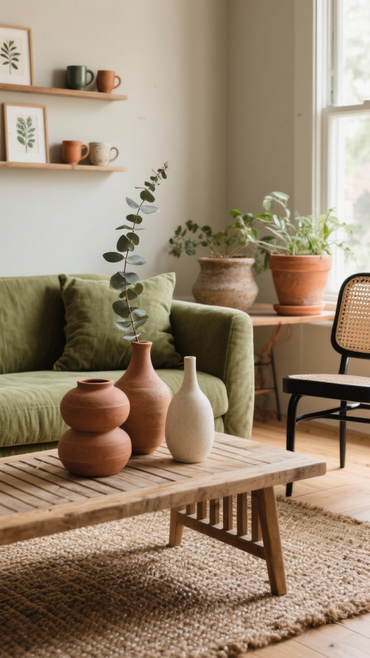 Detail closeup, tabletop and textures: An olive linen sofa arm and cushion beside a slatted wood bench used as a coffee table, styled with stacked clay vases and a single eucalyptus stem. Background hints of warm greige walls, light oak floors, and a woven jute rug. Caned accent chair edge visible, terracotta pots near a sunlit window. Stoneware planters and hand-thrown mugs on gallery shelves with small botanical prints. Color palette of olive, clay, bone, soft black, hints of sage, natural daylight. Photorealistic, no people.
