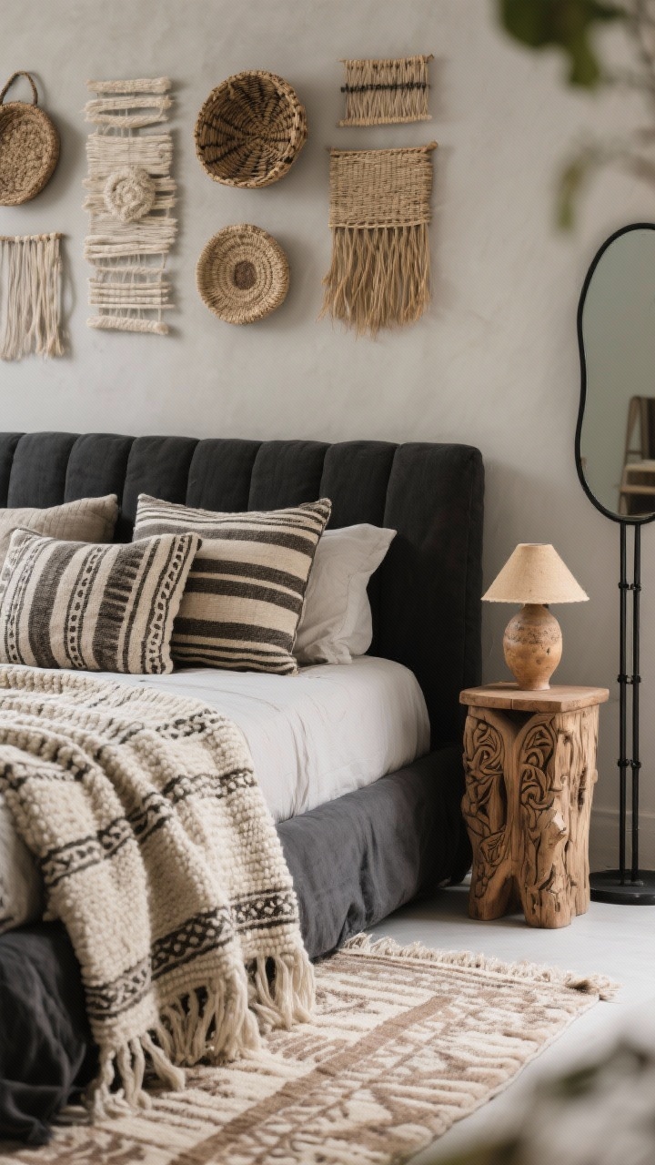 Detail closeup: “Textured Neutrals Nomad” focusing on layered textiles on a charcoal-linen upholstered bed set against greige walls; mudcloth pillows, a striped Moroccan blanket, and a chunky hand-knit throw; edge of a low cream-and-taupe Berber rug visible; hand-carved mango wood nightstand with a sun-dried ceramic lamp; above, a gallery of neutral fiber art and woven baskets; woven seagrass trunks at the foot slightly blurred; slender black metal floor mirror adding contrast. Soft diffused lighting emphasizing texture, photorealistic macro feel.