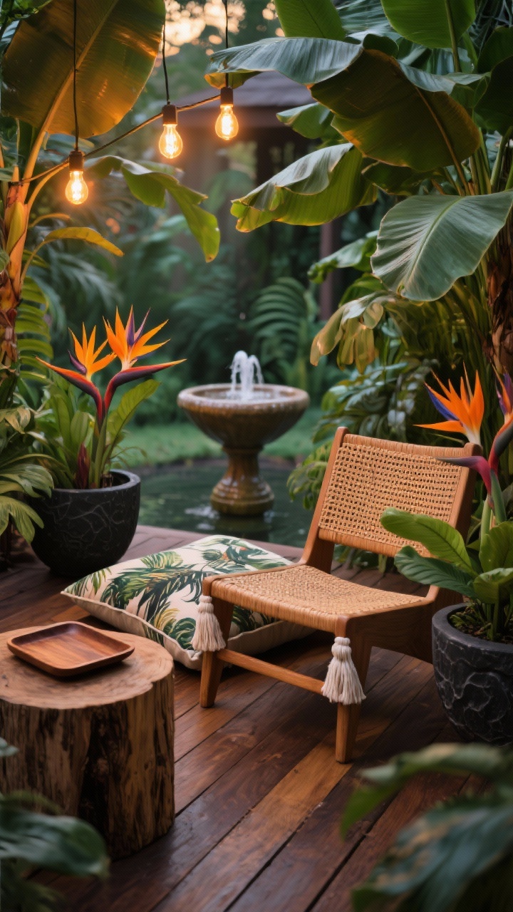Detail closeup, Tropical Jungle Nook: low vantage showing a woven rattan chair seat and cotton-tasseled floor cushions on an oiled teak deck, surrounded tightly by lush banana leaves, philodendron, and birds of paradise in matte black fiberstone planters; round wood stump table holding a teak tray and tropical-print bolster peeking in frame; warm Edison string bulbs softly glowing above; amber-toned evening light reflecting on a small burbling ceramic fountain bokeh in background; textures of rattan, teak grain, and leaf sheen emphasized, photorealistic.